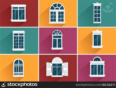 House Architecture with Set of Doors and Windows Various Shapes, Colors and Sizes in Template Hand Drawn Cartoon Flat Background Illustration
