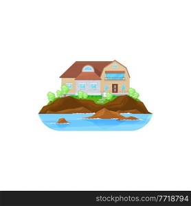 House at water, building or home cottage and modern residential estate, vector flat icon. Private house at lake or river or village townhouse at sea isolated villa or mansion. House at water, building or home cottage, estate