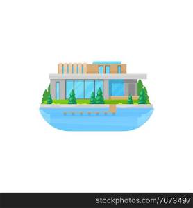House at water, home building villa or mansion cottage, vector isolated icon. Private house at river or sea, residential bungalow or townhouse residence, seaside luxury architecture. House at water, home building villa or mansion
