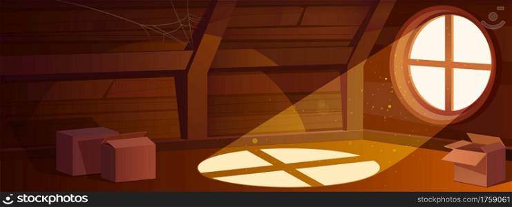 House attic interior, empty old mansard room with round window and carton boxes. Spacious place with spider web on roof with beams, wood floor, architecture, dwelling. Cartoon vector illustration. House attic interior, empty old mansard room.