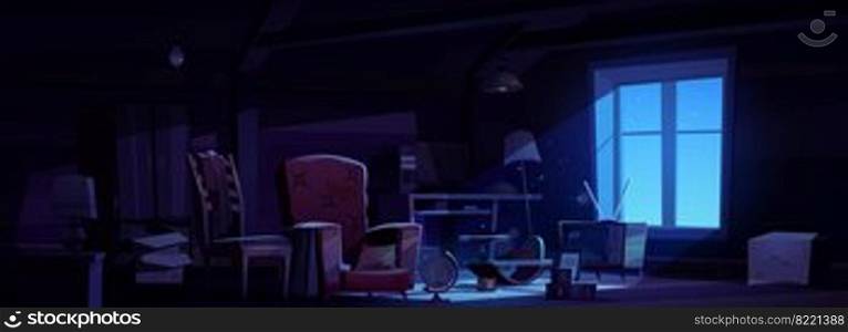 House attic with old furniture and cardboard boxes at night. Vector cartoon interior of dark attic room with vintage chairs, table, tv, l&s and toys. Storage under roof residential building. House attic with old furniture at night