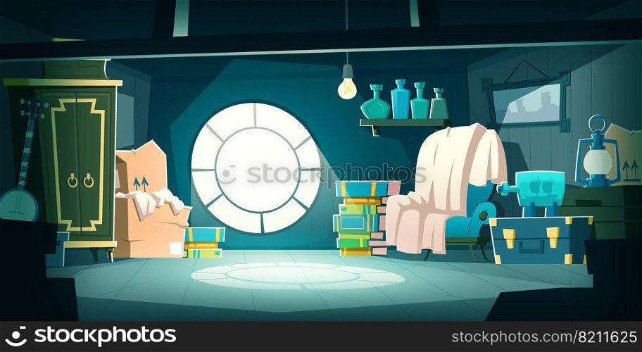 House attic with old furniture at night, cartoon vector background. Attic interior in wooden house with round window under roof, moonlight on floor and retro furniture wardrobe, chair, storage boxes. House attic with old furniture at night, cartoon