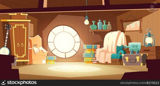 House attic with old furniture, cartoon vector background. Attic interior in wooden house with round window under roof, day sunlight on floor and retro furniture with wardrobe, chair, storage boxes. House attic with old furniture, cartoon background