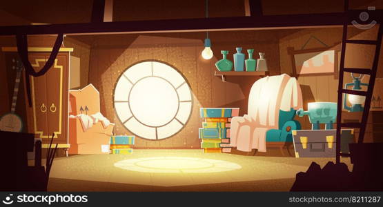 House attic with old furniture, dust flying in air, cartoon vector background. Attic interior in wooden house with round window under roof, day sunlight on floor, wardrobe, chair and storage boxes. House attic with old furniture, flying dust