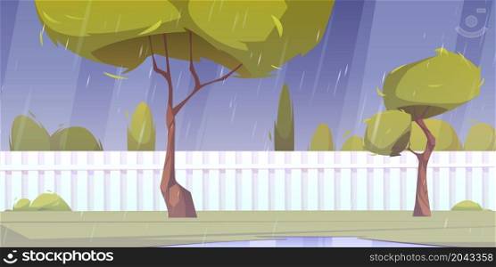 House backyard at rainy weather, home back yard at rain with green trees, bushes, puddles at grass lawn and white wooden fence. Cottage garden landscape, patio cartoon background, Vector illustration. House backyard at rainy weather, home back yard