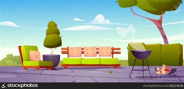 House backyard, patio with sofa, armchair and cooking grill for bbq. Green lawn, couch, chair, trees and garden fence on back yard. Vector cartoon summer landscape with furniture for barbeque party. Patio with sofa and cooking grill for bbq