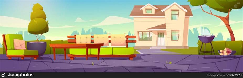 House backyard, patio with sofa, table and cooking grill for bbq. Suburban cottage with green lawn, trees and garden fence. Vector cartoon summer landscape with home exterior and back yard. House backyard, patio with cooking grill for bbq