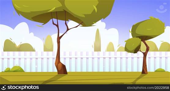 House backyard with green trees, bushes, grass lawn and white wooden fence. Summer cottage garden landscape, patio area for BBQ parties, empty home back yard cartoon background, Vector illustration. House backyard with green trees and white fence