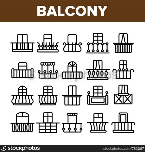 House Balcony Forms Linear Vector Icons Set. Fashionable Balcony Thin Line Contour Symbols Pack. Modern Architecture Pictograms Collection. Luxurious Veranda Decor. Terrace Outline Illustrations. House Balcony Forms Linear Vector Icons Set
