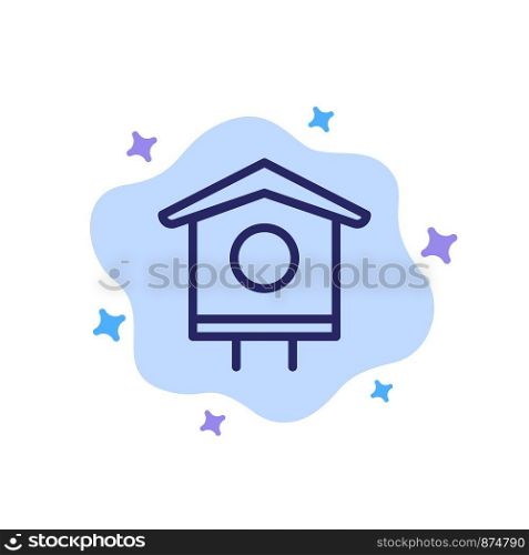 House, Bird, Birdhouse, Spring Blue Icon on Abstract Cloud Background