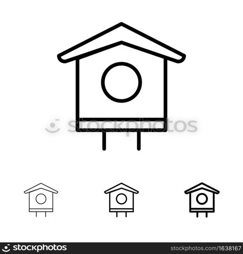 House, Bird, Birdhouse, Spring Bold and thin black line icon set