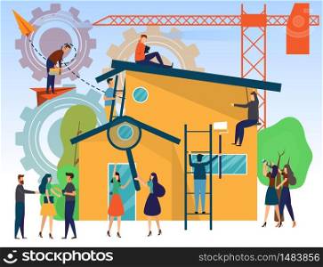 House building illustration. business people Workers make construction home with tools and materials. business start up and teamwork concept vector illustration. real estate.