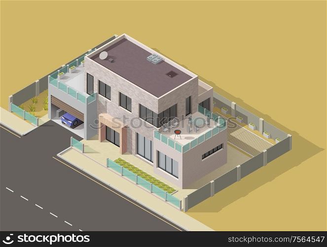 House building isometric vector design of 3d bungalow, villa or mansion with green yard and grass lawn. City and village real estate house building with car garage, balcony and terrace. Bungalow, villa or mansion isometric building