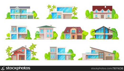 House building vector icons of real estate cottages, residential homes and bungalows, town or village townhouses, villas or mansions. Exterior front view of houses with doors, windows and trees. Building icons of real estate houses and cottages