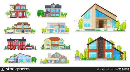 House building vector icons. Village home, cottage and villa, mansion, bungalow and townhouse, architecture and real estate industry. Exterior of buildings with windows, roofs, doors and garages. House, cottage, villa and mansion building icons