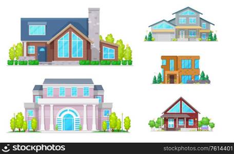 House buildings of real estate vector icons. Two storey homes, cottage, villa and bungalow, mansion and townhouse with front doors, windows, roofs and chimneys, garage, porch and mansard. Real estate house building and home icons