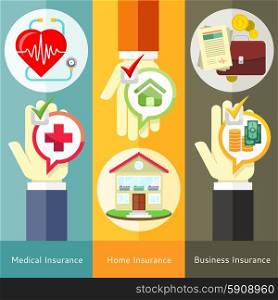 House , business, medical and health insurance concept in flat style on banners with text and buttons. Can be used for web banners, marketing and promotional materials, presentation templates