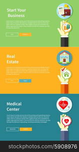 House, business, medical and health insurance concept in flat style on multicolor banners with text and buttons. Can used for web banners, marketing and promotional materials, presentation templates