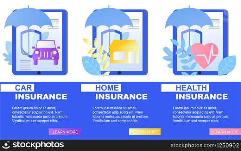 House Car Health Insurance Service Banner Umbrella and Shield Vector Illustration. Damage Financial Cover Emergency Hospital Help Home Protection Property Security Personal Medical Support. House Car Health Insurance Service Banner Vector