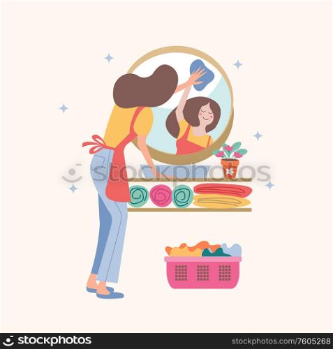 House cleaning. A girl washes the mirror in the bathroom. In the mirror, you can see the girl&rsquo;s reflection. Vector illustration on a light background.. House cleaning. A girl washes the mirror in the bathroom. Vector illustration.