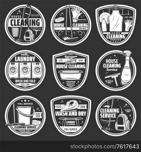 House cleaning and laundry service vector icons. Vacuum cleaner, mop, bucket and cleaning spray, sponge, broom and brush, washing machine, detergent, window squeegee and soap, gloves and apron. House cleaning or laundry service vector icons