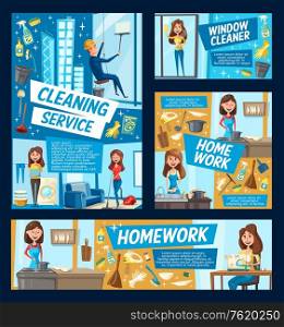 House cleaning and needlework or dish washing service, office windows cleaning, professional rope access. Vector home laundry washing, floor mopping and sewing repair, housekeeping service staff. Office windows cleaning and house clean service