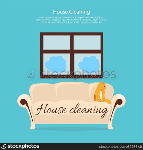 House cleaning. Cat on sofa design flat. Clean house service, housework and home cleaning, domestic cleaning service, clean room vector illustration