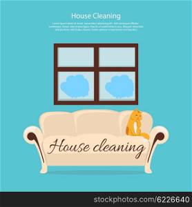 House cleaning. Cat on sofa design flat. Clean house service, housework and home cleaning, domestic cleaning service, clean room vector illustration