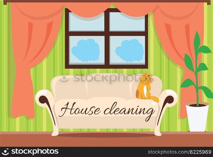 House cleaning. Cat on sofa design flat. House and cleaning, cleaning service, clean house, house cleaning service, housework and home cleaning, domestic cleaning service, clean room illustration