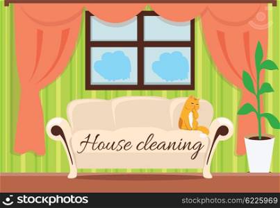 House cleaning. Cat on sofa design flat. House and cleaning, cleaning service, clean house, house cleaning service, housework and home cleaning, domestic cleaning service, clean room illustration