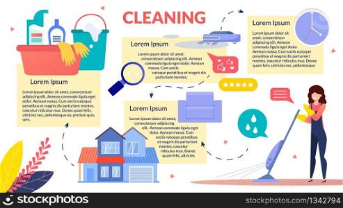 House Cleaning Commercial Service Flat Vector Advertising Poster, Infographics Template with Sample Text Blocks, Female Worker, Housewife Mopping Floor, Cleanup Home with Detergents Illustration