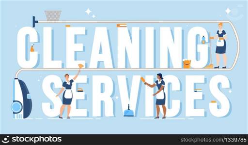 House Cleaning Company, Hotel Room Leaning Service, Housekeeping Professional Work Banner, Poster. Women in Uniform, Maid Cleaning Dust, Mopping and Vacuuming Floor,Trendy Flat Vector Illustration