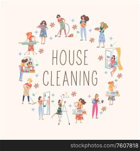 House cleaning. Cute girls do their homework. Girls wash Windows, vacuum, wash clothes, put clothes in the closet, wash the chandelier, wash dishes and mirror. Collection of vector elements.. House cleaning. Cute housewife doing the housework. Vector collection.