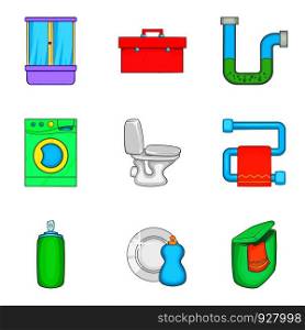 House cleaning icon set. Cartoon set of 9 house cleaning vector icons for web design isolated on white background. House cleaning icon set, cartoon style