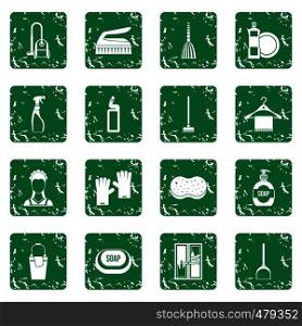 House cleaning icons set in grunge style green isolated vector illustration. House cleaning icons set grunge