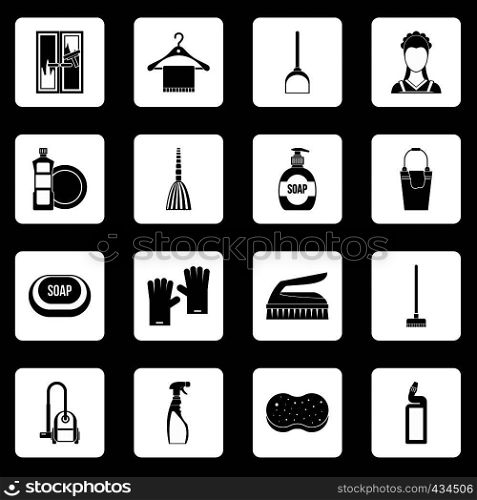 House cleaning icons set in white squares on black background simple style vector illustration. House cleaning icons set squares vector