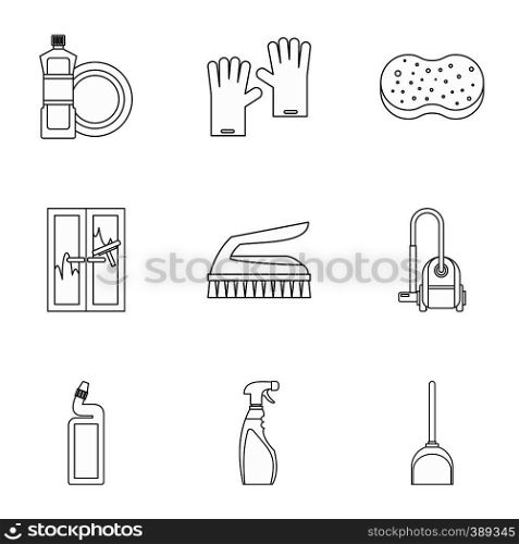 House cleaning icons set. Outline illustration of 9 house cleaning vector icons for web. House cleaning icons set, outline style