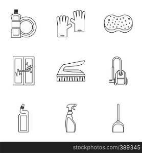 House cleaning icons set. Outline illustration of 9 house cleaning vector icons for web. House cleaning icons set, outline style