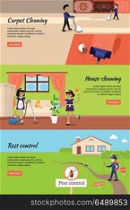 House Cleaning, Pest Control, Cleaning Carpet. House cleaning, pest control, cleaning carpet banners. Housework and cleaner service, domestic cleaning work, housekeeping wash and cleaning, washing and housecleaning, disinfectant pests illustration