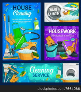 House cleaning service, home cleaners, household housework and laundry, vector. House cleaning spray, bucket and brush, laundry washing detergent, broom and floor mop, soap and clean shines. House cleaning service, home cleaners of household