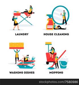 House cleaning services and industrial cleaners teams 4 flat compositions with laundry mopping washing dishes vector illustration