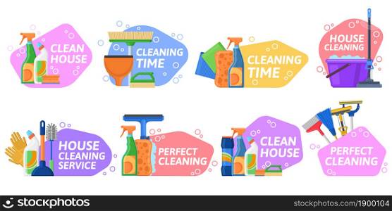 House cleaning services, household equipment emblems. Housekeeping supplies, detergents and cleaning equipment vector Illustration. Cleaning tools labels. Household emblem with equipment for clean. House cleaning services, household equipment emblems. Housekeeping supplies, detergents and cleaning equipment badges vector Illustration set. Cleaning tools labels