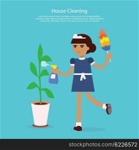House Cleaning Template Web Page. House cleaning template web page. Young girl or woman working in a maid uniform sprinkles water on the home flower isolated on background flat style. Home cleaning services Vector illustration