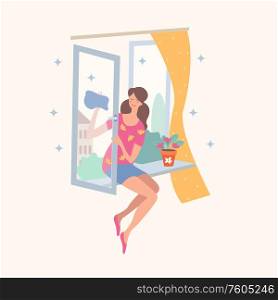 House cleaning. Vector illustration on a light background. A small scene. The girl sitting on the windowsill washes the window. There is a flower pot on the windowsill.. Homework. The girl sitting on the windowsill washes the window. Vector illustration.
