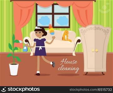 House cleaning vector in flat design. Maid with whisk dust and sprayer working in apartment. Home servants. Illustration for cleaning companies and services ad, home cosiness concepts. . House Cleaning Concept Vector In Flat Design. House Cleaning Concept Vector In Flat Design