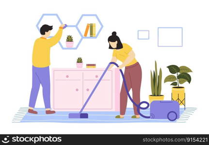 House cleaning. Young couple cleaning and washing house, daily home routines. Cartoon woman vacuuming carpet, man dusting shelves with books and plants. Household chores vector concept