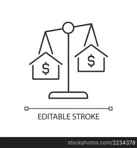 House comparables linear icon. Similar condition homes comparison. Real estate evaluation. Thin line illustration. Contour symbol. Vector outline drawing. Editable stroke. Arial font used. House comparables linear icon