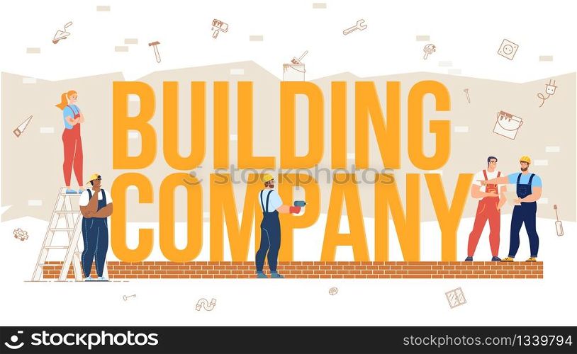House Construction, Building Engineering, Home Repair or Renovation Company Trendy Flat Vector Concept. Man and Women in Overall Painting Working Together, Constructing, Planning Building Illustration