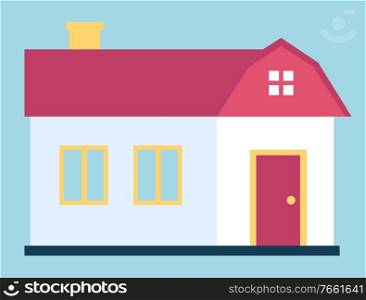 House construction exterior view isolated on blue. Facade of dwelling symbol with chimney and windows, red door and roof. Outdoor estate of home architecture and element of medical insurance vector. Architecture Front View Dwelling Symbol Vector