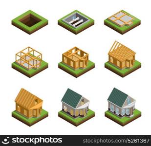 House Construction Icons Set. House construction phases isometric icons set isolated vector illustration